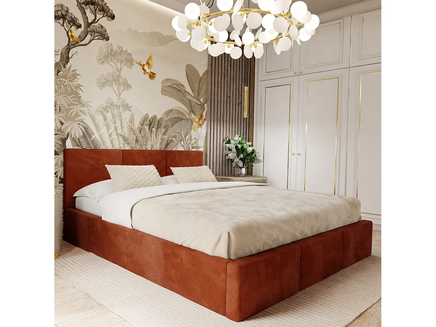 Bed Gestoffeerd Voor De Slaapkamer 140cm x 200cm Dubbel Met Opbergruimte In Honingkleur