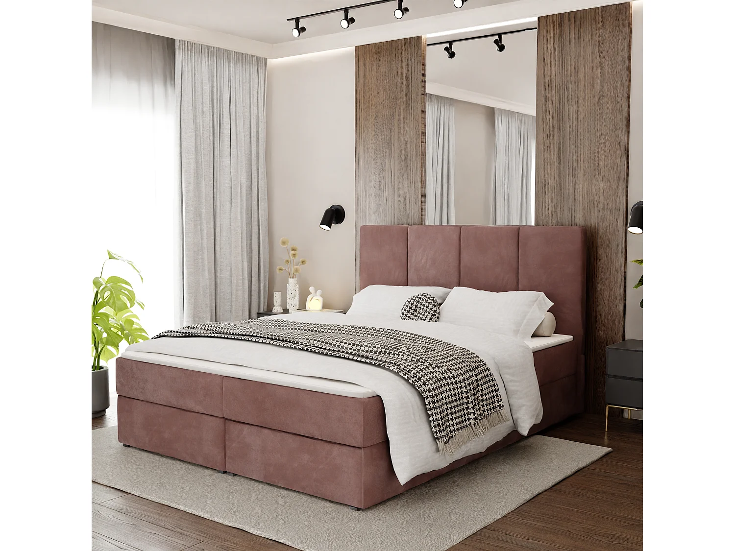 Bed Continentaal 180x200 cm Gestoffeerd Dubbel Met Matras Vuil Roze Velours Magic Velvet