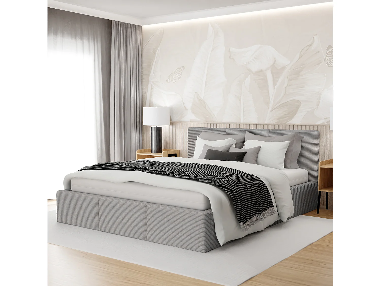 Bed Gestoffeerd 140x200 Dubbel Stof CORD Grijs Voor De Slaapkamer