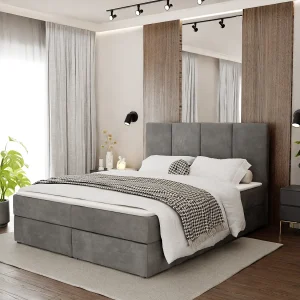 Bed Continentaal 180×200 cm Gestoffeerd Dubbel Met Matras Grijs Velours Magic Velvet