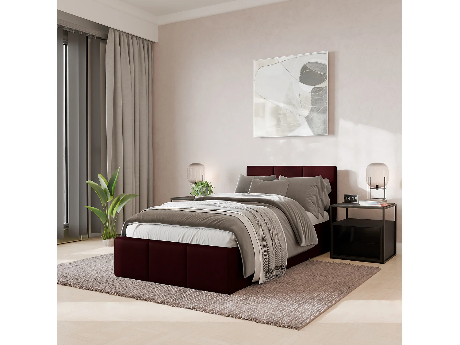 Bed Gestoffeerd 90cm x 200cm Enkel Met Opbergruimte Bordeaux