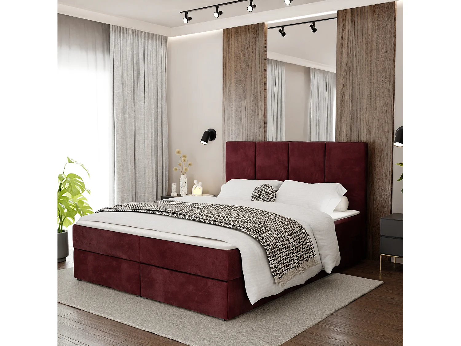 Bed Continentaal 140x200 cm Gestoffeerd Dubbel Met Matras Bordeaux Velours Magic Velvet