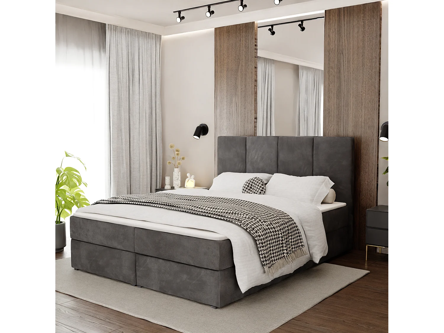 Bed Continentaal 140x200 cm Gestoffeerd Dubbel Met Matras Grafiet Velours Magic Velvet