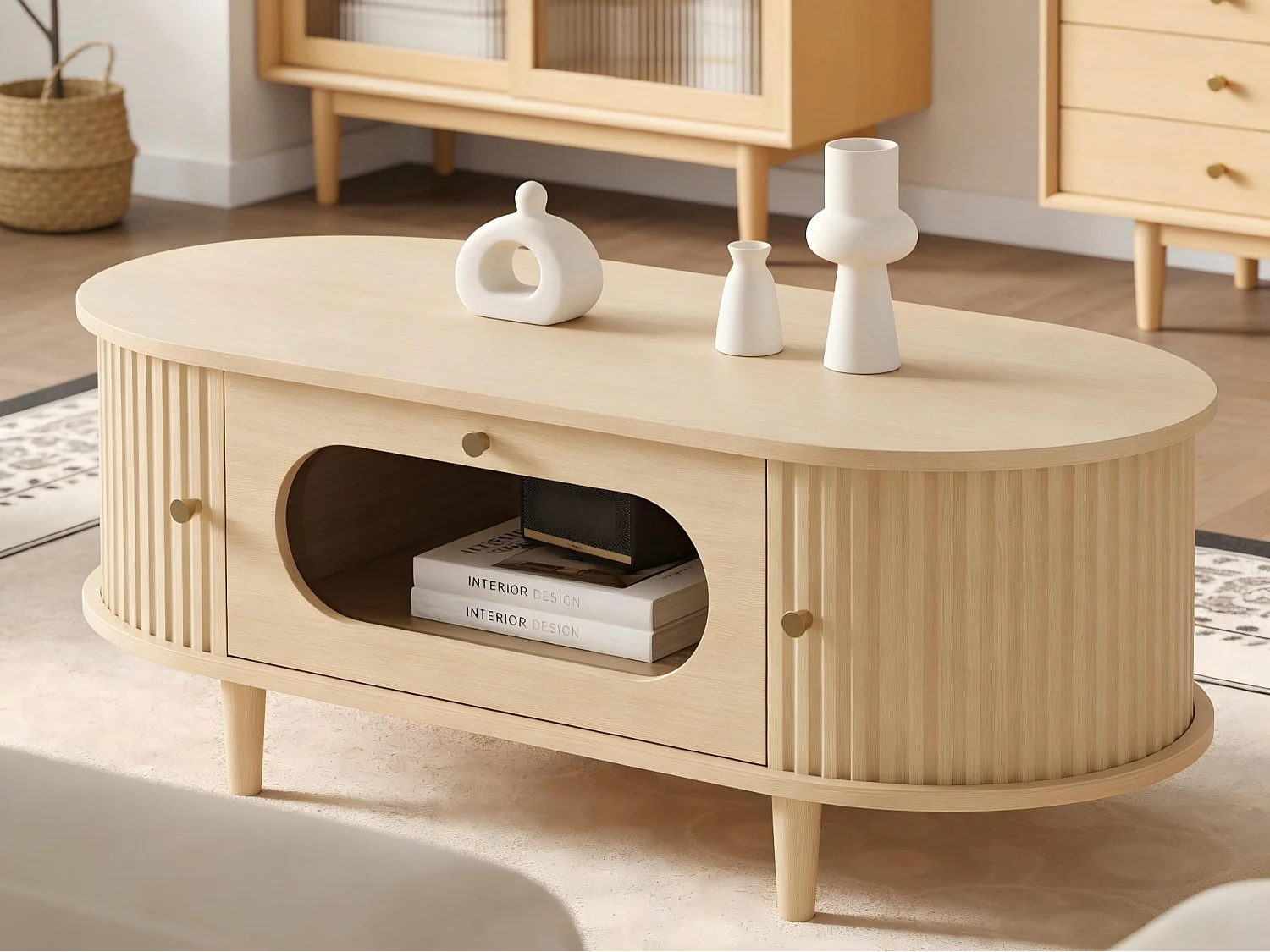 Bijzettafel van houtlook hout 100x50x36 cm - 1 lade en 2 schuifdeuren - MDF - Natuur