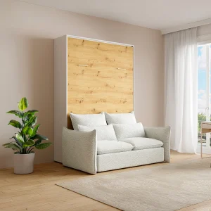 Opklapbaar bed verticale opening 160 x 200 cm naturel en wit + matras + bank – BEGANIO Opklapbaar bed verticale opening 160 x 200 cm naturel en wit + matras + bank – BEGANIO