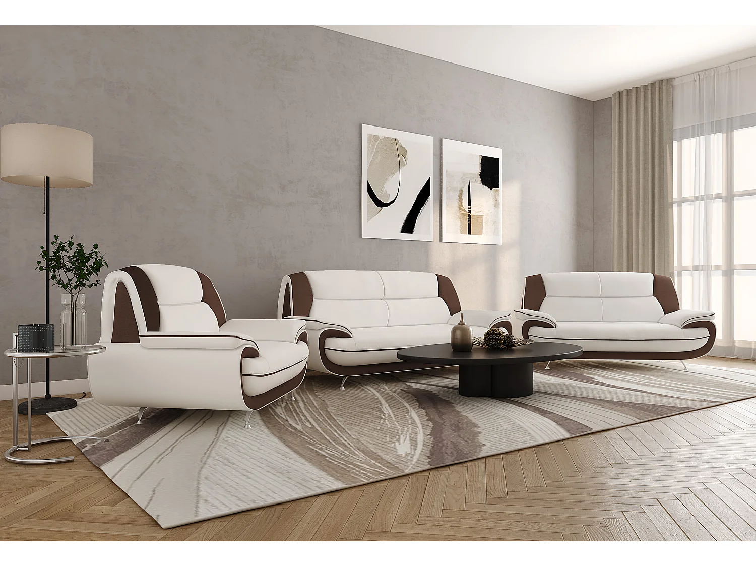 Bankstel 3+2+1, stof Kronos, wit + bruin, Palermo
