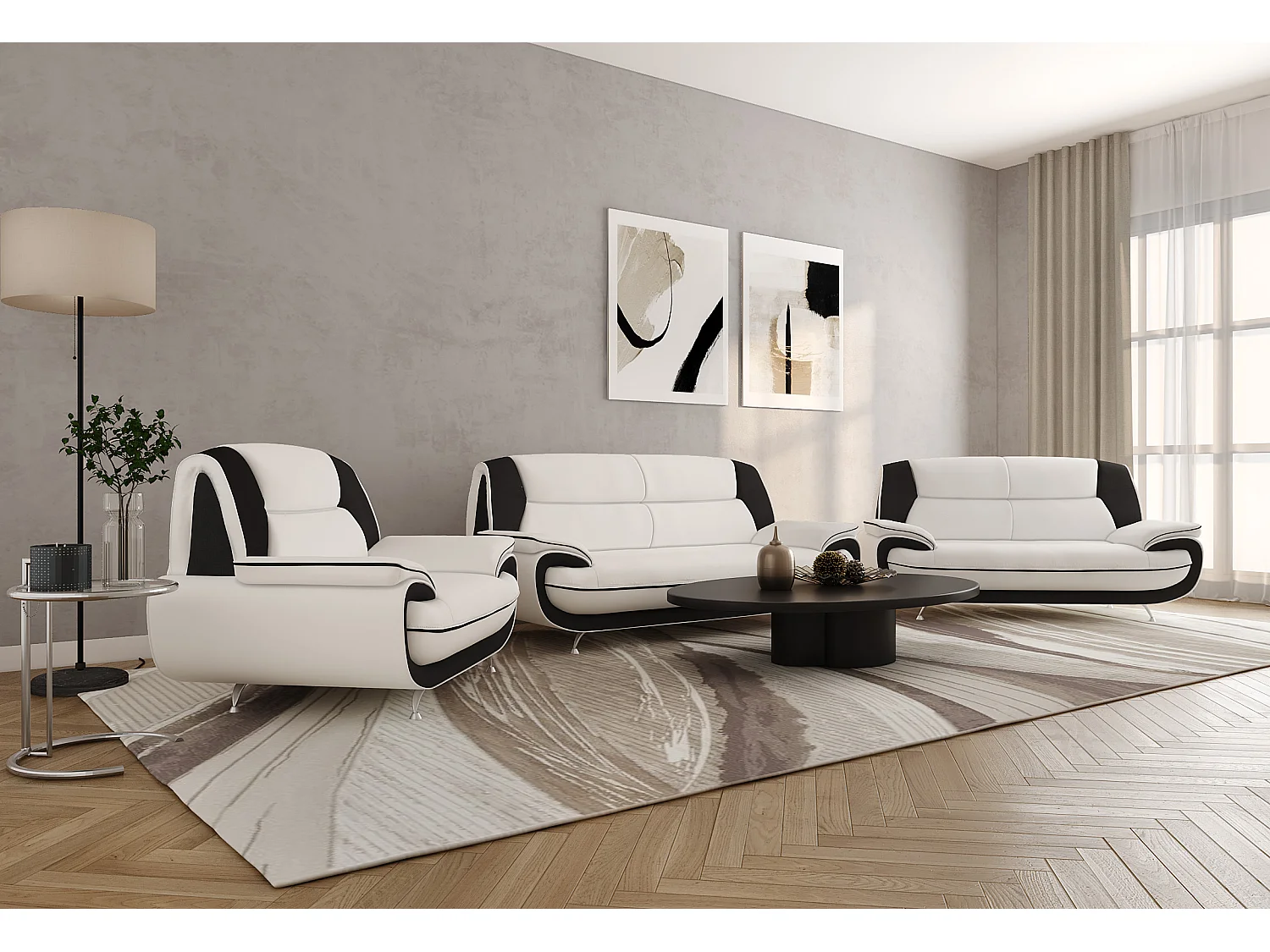 Bankstel 3+2+1, stof Kronos, wit + zwart, Palermo
