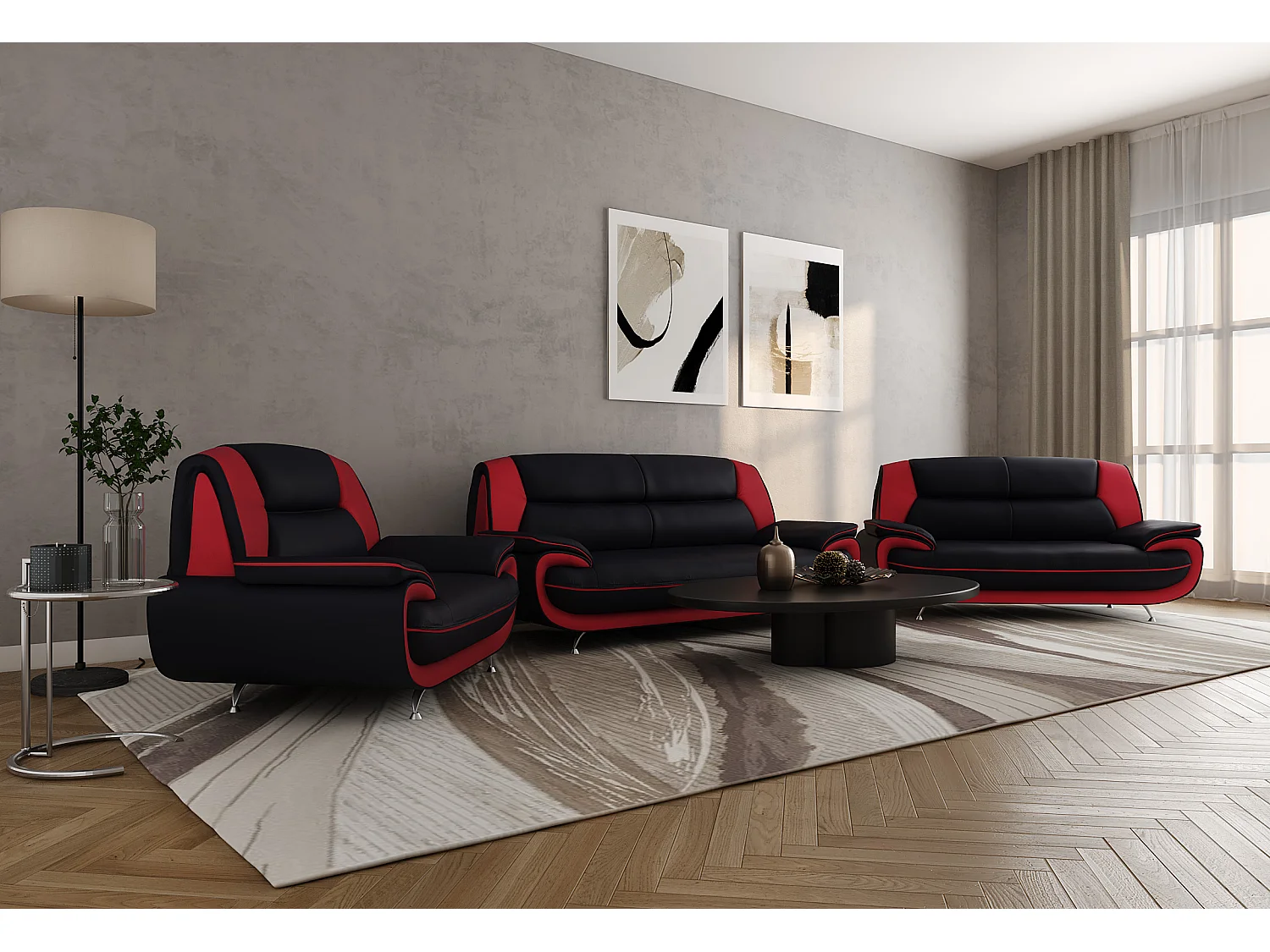 Bankstel 3+2+1, stof Soft, zwart + rood, Palermo