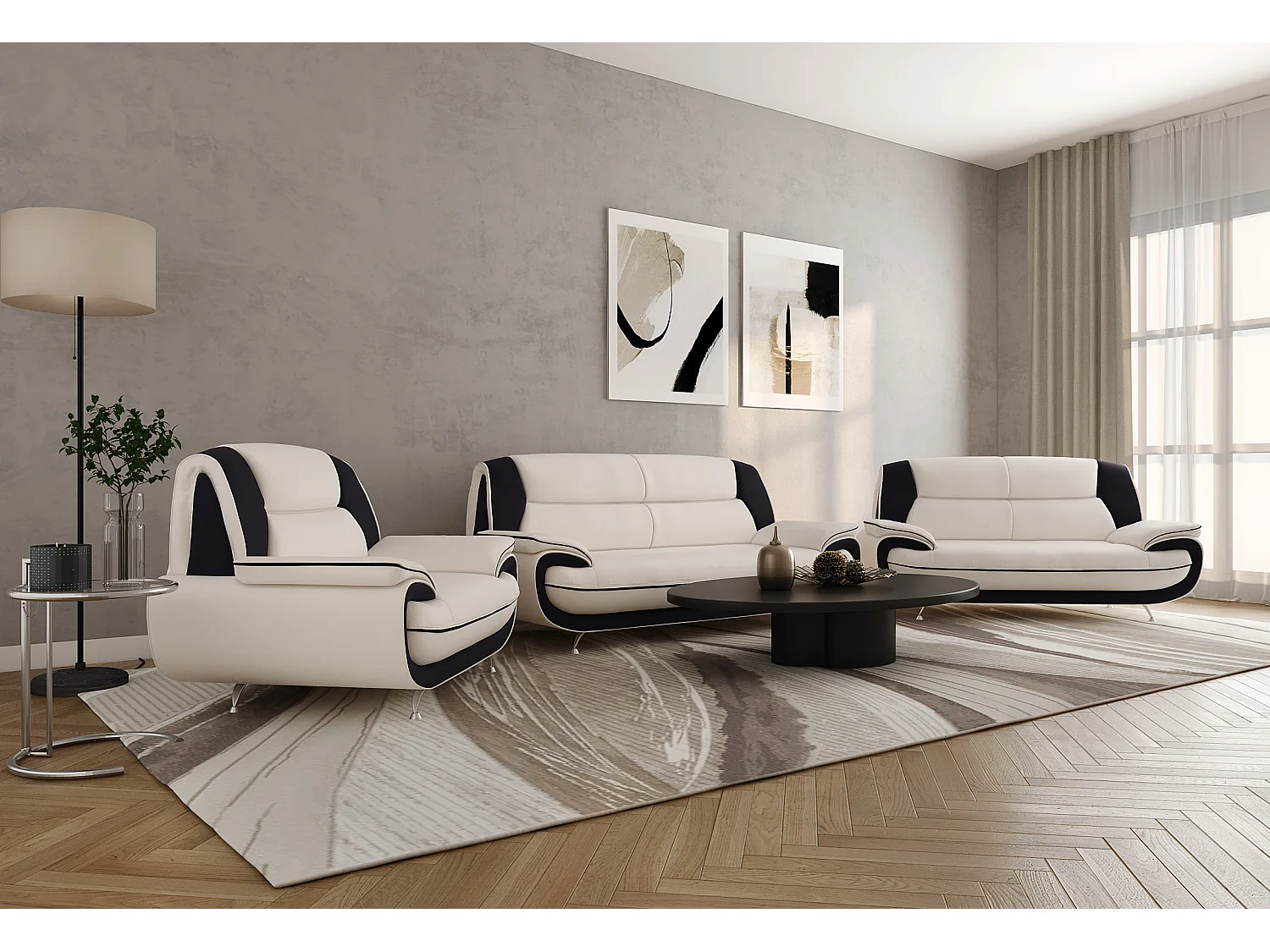 Bankstel 3+2+1, stof Soft, wit + zwart, Palermo