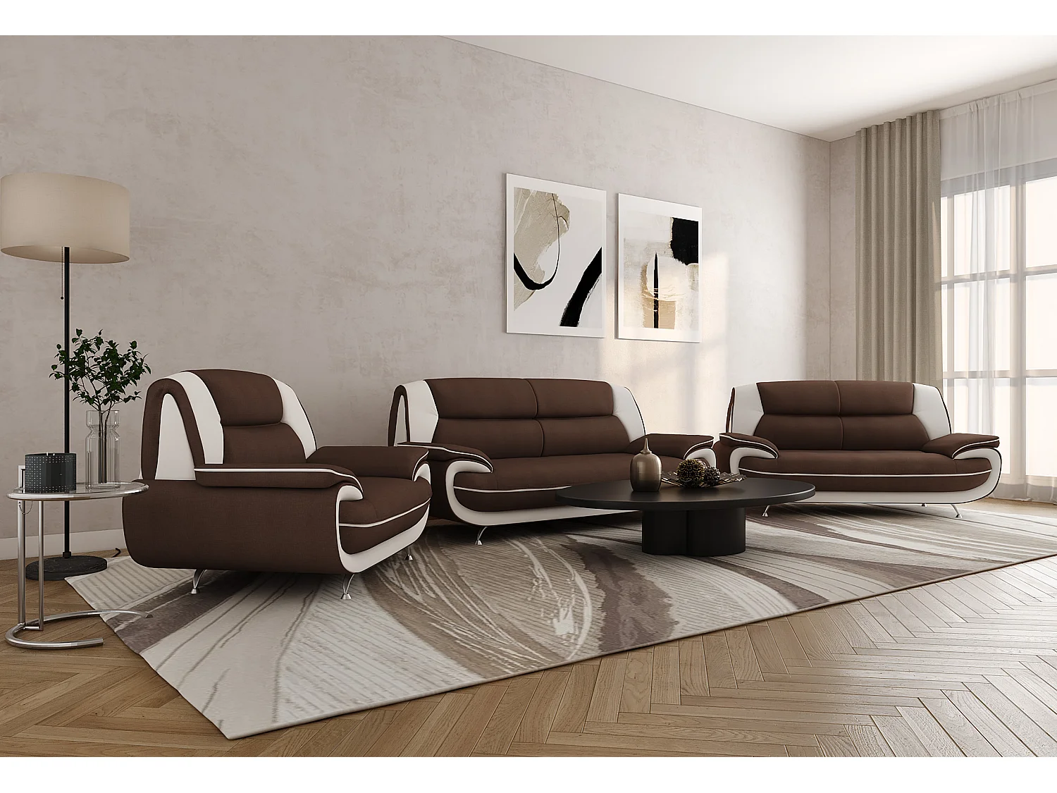 Bankstel 3+2+1, stof Kronos, bruin + wit, Palermo