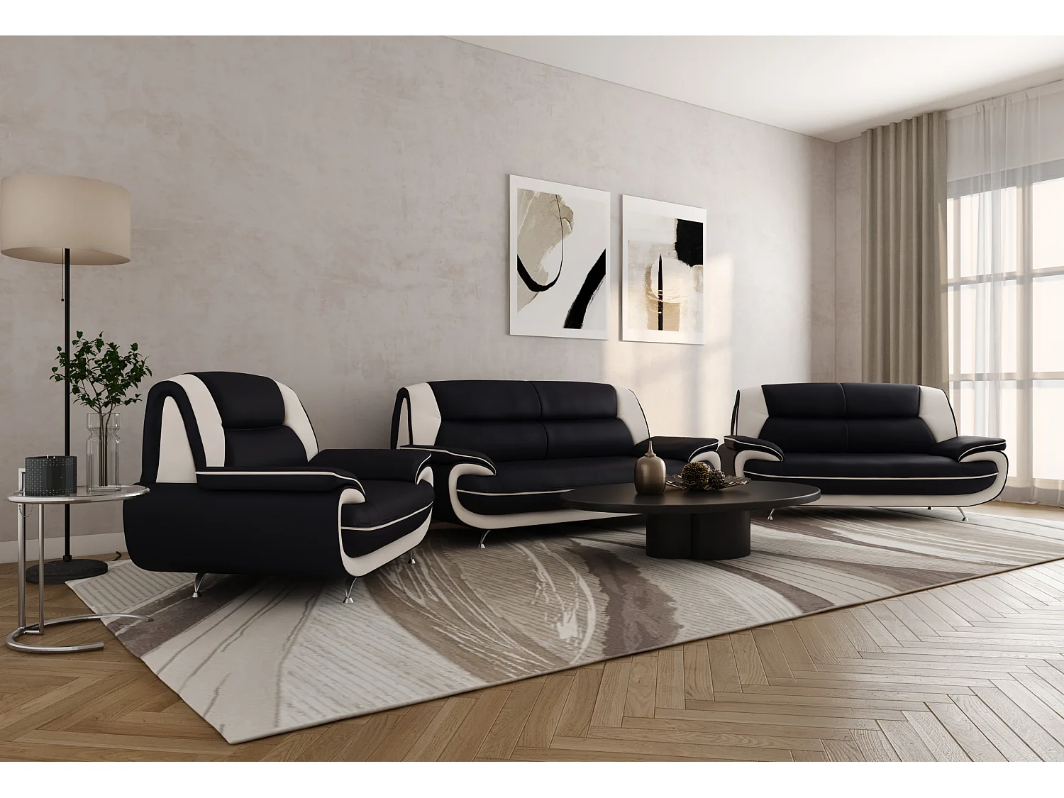 Bankstel 3+2+1, stof Soft, zwart + wit, Palermo
