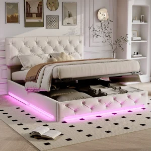 Bed 160x200cm met bedbodem en LED, opbergbed met hoofdeinde en opbergruimte, zonder matras, wit Bed 160x200cm met bedbodem en LED, opbergbed met hoofdeinde en opbergruimte, zonder matras, wit