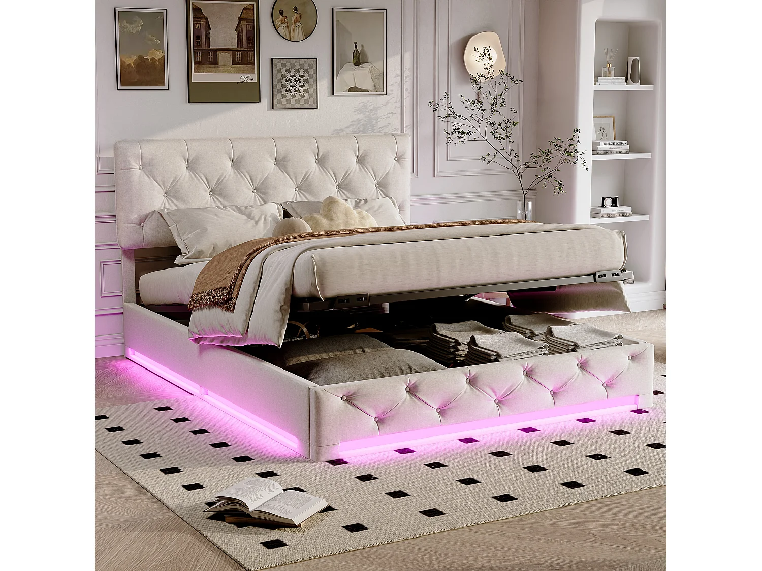 Bed 160x200cm met bedbodem en LED, opbergbed met hoofdeinde en opbergruimte, zonder matras, wit