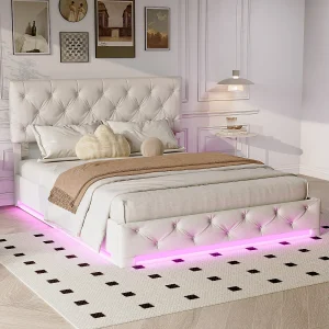 Bed met opbergruimte 160×200 cm, tweepersoonsbed met ledverlichting, springbed met lattenbodem, linnen, beige Bed met opbergruimte 160×200 cm, tweepersoonsbed met ledverlichting, springbed met lattenbodem, linnen, beige