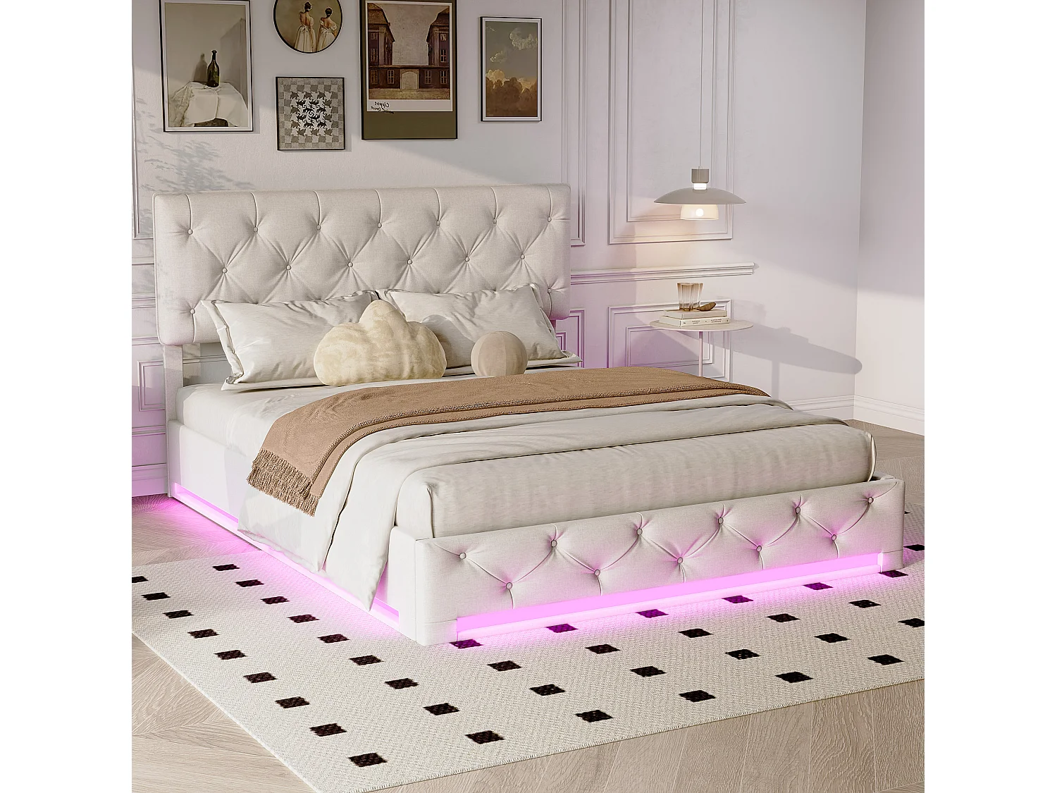 Bed met opbergruimte 160x200 cm, tweepersoonsbed met ledverlichting, springbed met lattenbodem, linnen, beige