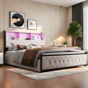Bed 140×200 cm met LED- en USB-voet, Gestoffeerd tweepersoonsbed met lattenbodem en 4 lades, beige Bed 140×200 cm met LED- en USB-voet, Gestoffeerd tweepersoonsbed met lattenbodem en 4 lades, beige