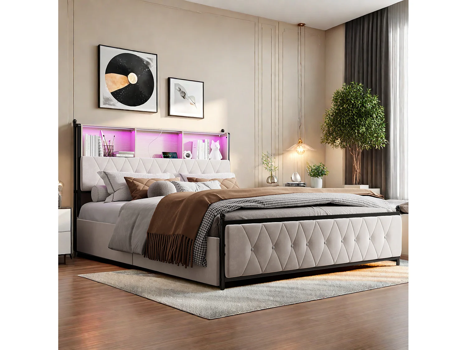 Bed 140x200 cm met LED- en USB-voet, Gestoffeerd tweepersoonsbed met lattenbodem en 4 lades, beige