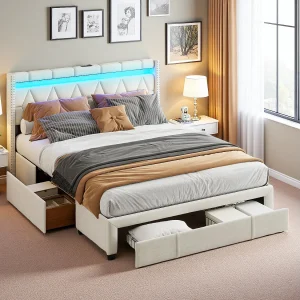 Bed 160 x 200 cm met lades, gestoffeerd bed met LED en USB, tweepersoonsbedframe, volwassen bed, beige