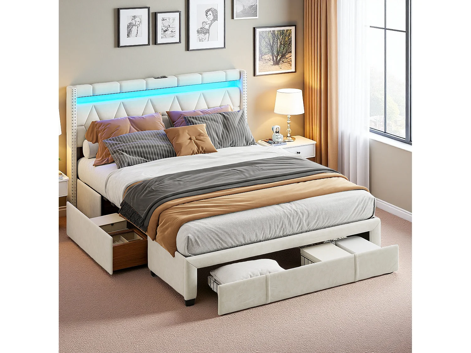 Bed 160 x 200 cm met lades, gestoffeerd bed met LED en USB, tweepersoonsbedframe, volwassen bed, beige