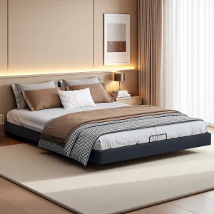 Bed 160×200 cm, zwevend bed met led-verlichting en opbergruimte, bedframe zonder hoofdeinde, zwart
