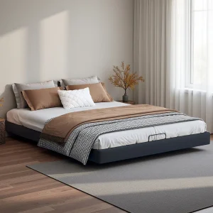 Bedframe 160*200cm zonder nachtkastje, luchtdrukstang, met oplaadaansluiting, LED-lichtstrip onder het bed, zwart, pu