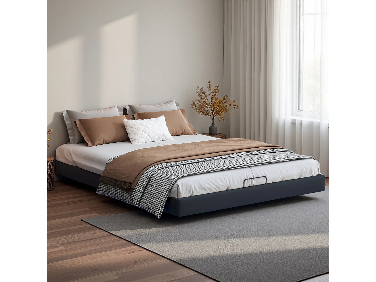 Bedframe 160*200cm zonder nachtkastje, luchtdrukstang, met oplaadaansluiting, LED-lichtstrip onder het bed, zwart, pu