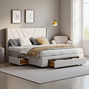 Bed 160 x 200 cm met LED en lades, tweepersoonsbed met opbergruimte en lattenbodem, Beige