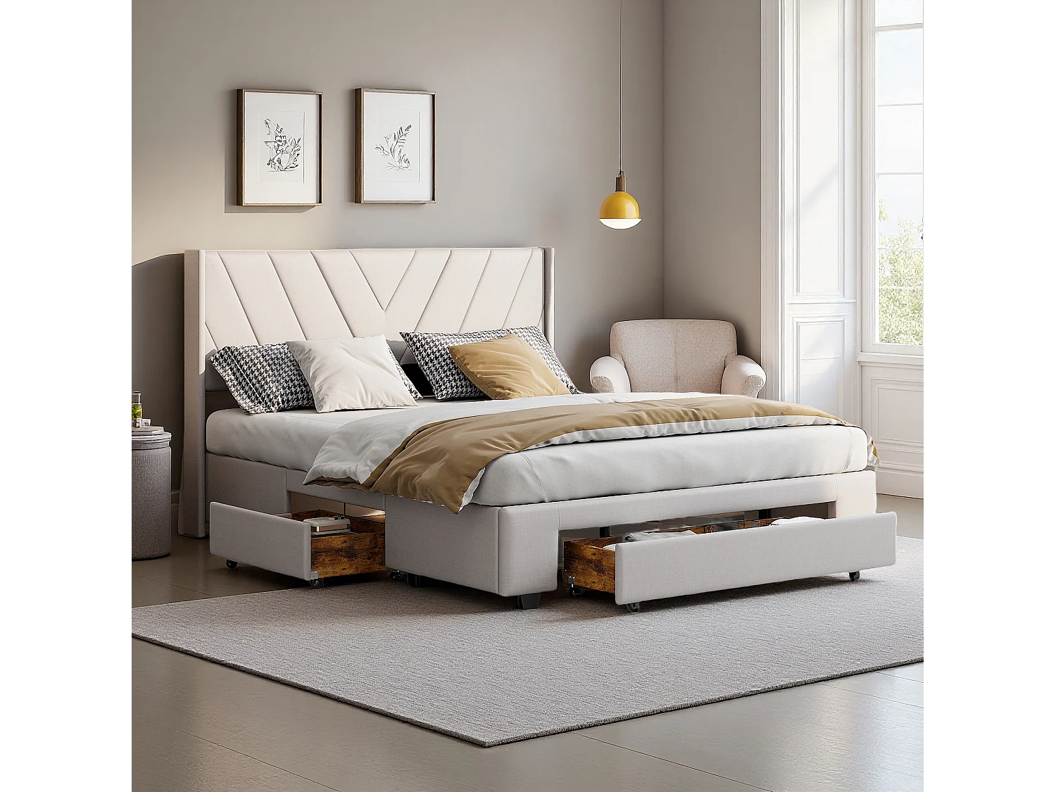 Bed 160 x 200 cm met LED en lades, tweepersoonsbed met opbergruimte en lattenbodem, Beige