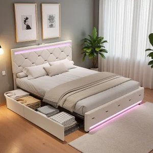Bed 160×200 met LED-basis en USB, Gestoffeerd tweepersoonsbed met 4 opbergladen, Gebroken wit Bed 160×200 met LED-basis en USB, Gestoffeerd tweepersoonsbed met 4 opbergladen, Gebroken wit