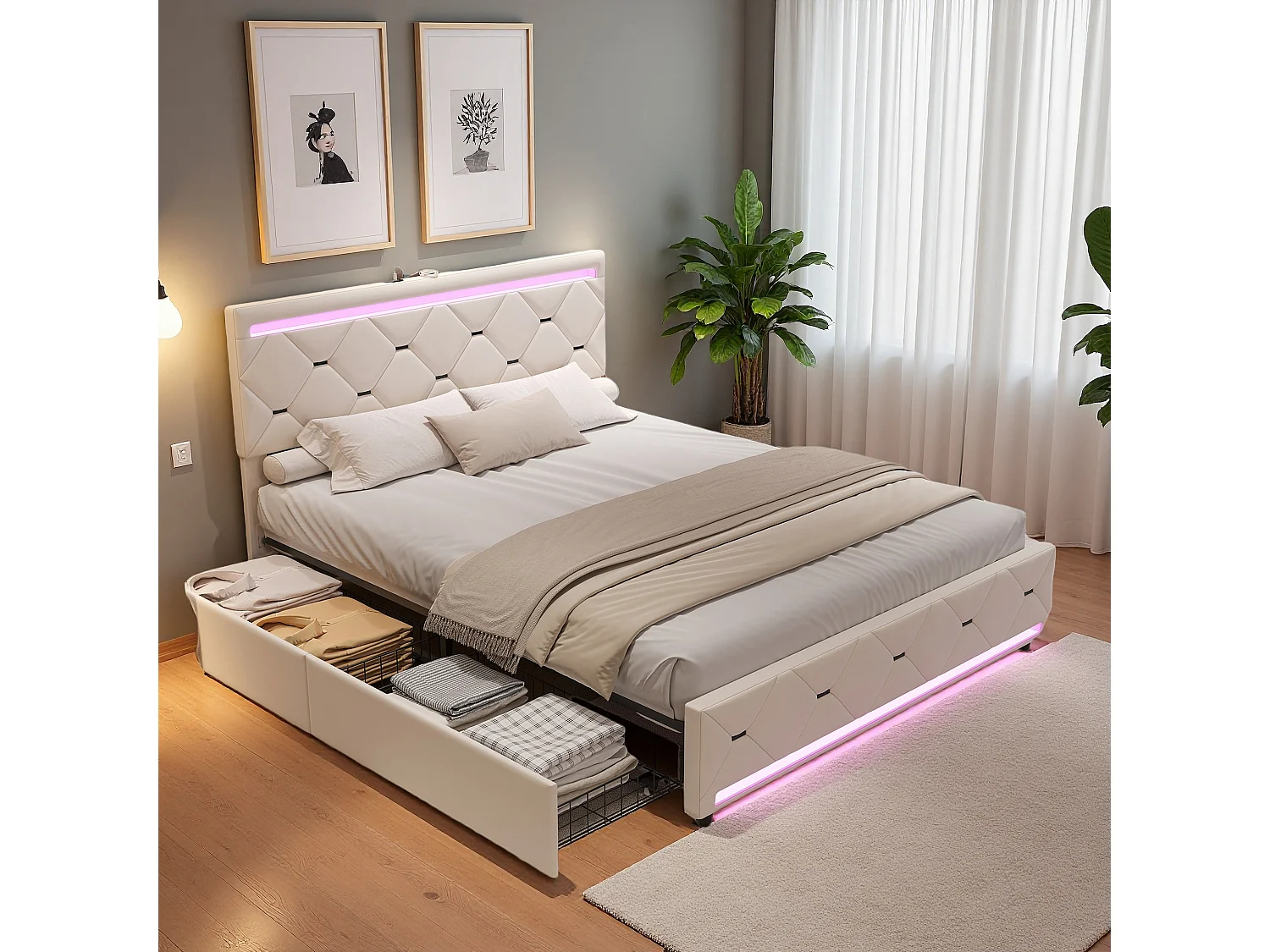 Bed 160x200 met LED-basis en USB, Gestoffeerd tweepersoonsbed met 4 opbergladen, Gebroken wit