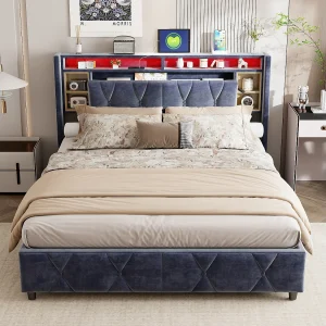 Bedframe 160×200 cm donkergrijs met hydraulische opbergruimte, gestoffeerd hoofdeinde, USB-poorten en RGB LED-verlichting