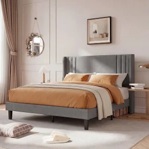 Bed van 160×200 cm, linnengrijs, modern gestoffeerd hoofdbord, stevige lattenbodem, draagvermogen van 360 kg, snelle montage Bed van 160×200 cm, linnengrijs, modern gestoffeerd hoofdbord, stevige lattenbodem, draagvermogen van 360 kg, snelle montage