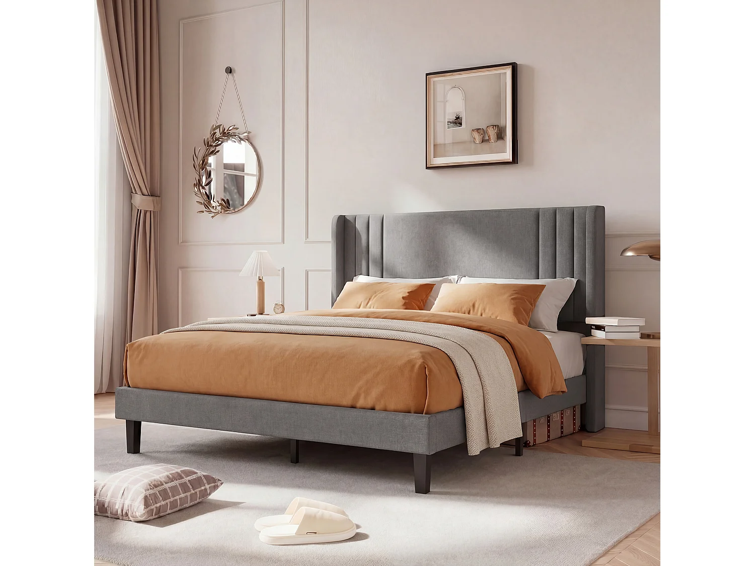 Bed van 160x200 cm, linnengrijs, modern gestoffeerd hoofdbord, stevige lattenbodem, draagvermogen van 360 kg, snelle montage