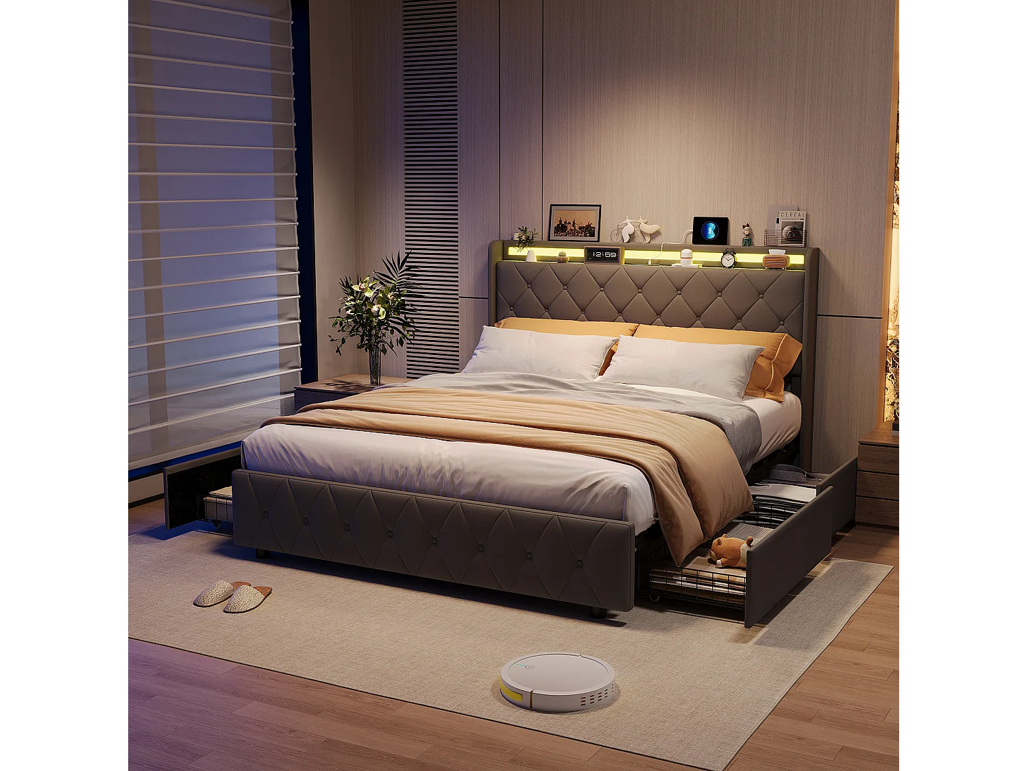 Bed van 140x200 cm met 4 lades, ledverlichting, opbergkastjes, open scheidingswanden, lattenbodem, USB- en Type-C-opladers - Grijs
