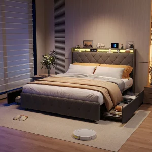Bed van 160×200 cm met 4 lades, ledverlichting, opbergkastjes, open scheidingswanden, lattenbodem, USB- en Type-C-opladers – Grijs Bed van 160×200 cm met 4 lades, ledverlichting, opbergkastjes, open scheidingswanden, lattenbodem, USB- en Type-C-opladers – Grijs