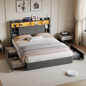 Bed van 140×200 cm met 4 lades, ledverlichting, USB Type-C, opbergkastjes, open scheidingswanden, lattenbodem – Grijs Bed van 140×200 cm met 4 lades, ledverlichting, USB Type-C, opbergkastjes, open scheidingswanden, lattenbodem – Grijs