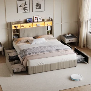 Bed van 160×200 cm met 4 lades, ledverlichting, USB Type-C, opbergkastjes, open scheidingswanden, lattenbodem – Beige Bed van 160×200 cm met 4 lades, ledverlichting, USB Type-C, opbergkastjes, open scheidingswanden, lattenbodem – Beige