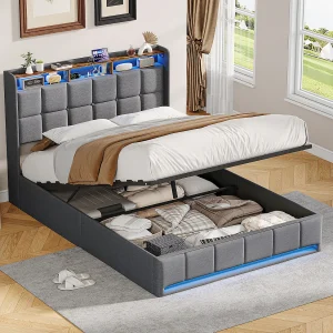 Bed van 140×200 cm met ledverlichting, hydraulisch opbergvak, lattenbodem, USB- en Type-C-aansluitingen – Grijze linnen stof Bed van 140×200 cm met ledverlichting, hydraulisch opbergvak, lattenbodem, USB- en Type-C-aansluitingen – Grijze linnen stof