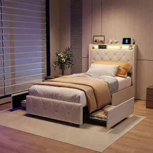 Bed van 90×200 cm met 2 lades, ledverlichting, opbergkastjes, open scheidingswanden, lattenbodem, USB- en Type-C-aansluitingen – Beige Bed van 90×200 cm met 2 lades, ledverlichting, opbergkastjes, open scheidingswanden, lattenbodem, USB- en Type-C-aansluitingen – Beige
