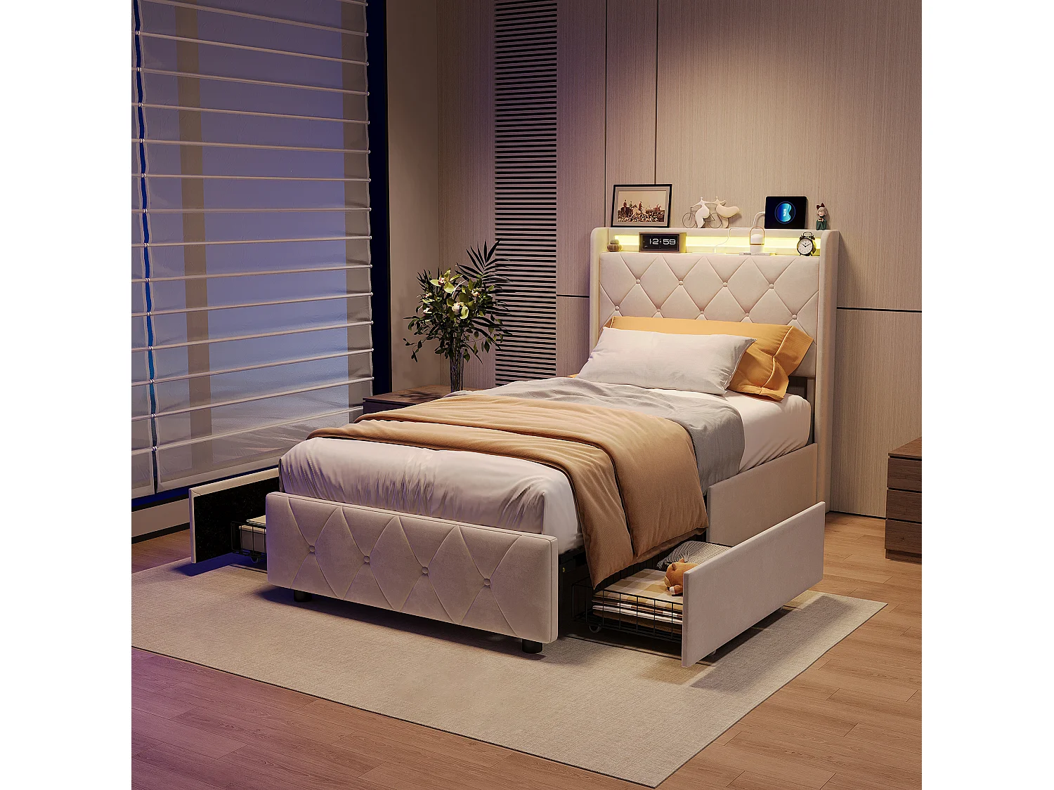 Bed van 90x200 cm met 2 lades, ledverlichting, opbergkastjes, open scheidingswanden, lattenbodem, USB- en Type-C-aansluitingen - Beige
