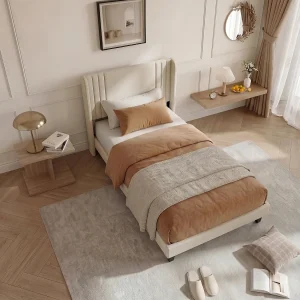 Bed van 90×200 cm, beige linnen, modern gestoffeerd hoofdbord, stevige lattenbodem, draagvermogen van 360 kg, snelle montage. Bed van 90×200 cm, beige linnen, modern gestoffeerd hoofdbord, stevige lattenbodem, draagvermogen van 360 kg, snelle montage.