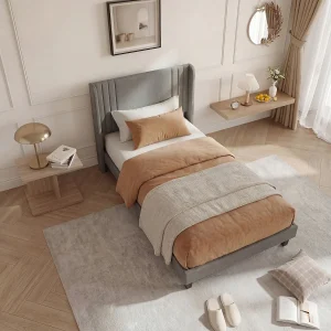 Bed van 90×200 cm, linnengrijs, modern gestoffeerd hoofdbord, stevige lattenbodem, draagvermogen van 360 kg, snelle montage Bed van 90×200 cm, linnengrijs, modern gestoffeerd hoofdbord, stevige lattenbodem, draagvermogen van 360 kg, snelle montage