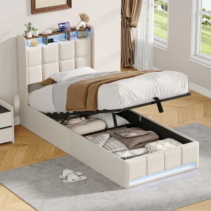 Bed van 90×200 cm met ledverlichting, hydraulisch opbergvak, lattenbodem, USB- en Type-C-aansluitingen – Beige linnen stof Bed van 90×200 cm met ledverlichting, hydraulisch opbergvak, lattenbodem, USB- en Type-C-aansluitingen – Beige linnen stof