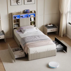 Bed van 90×200 cm met 2 lades, ledverlichting, USB Type-C, opbergkastjes, open scheidingswanden, lattenbodem – Beige Bed van 90×200 cm met 2 lades, ledverlichting, USB Type-C, opbergkastjes, open scheidingswanden, lattenbodem – Beige