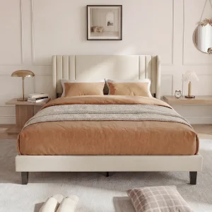 Beige linnen bed van 140×200 cm, modern gestoffeerd hoofdbord, stevige lattenbodem, draagvermogen van 360 kg, snelle montage. Beige linnen bed van 140×200 cm, modern gestoffeerd hoofdbord, stevige lattenbodem, draagvermogen van 360 kg, snelle montage.
