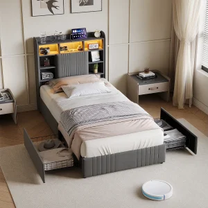 Bed van 90×200 cm met 2 lades, ledverlichting, USB Type-C, opbergkastjes, open scheidingswanden, lattenbodem – Grijs Bed van 90×200 cm met 2 lades, ledverlichting, USB Type-C, opbergkastjes, open scheidingswanden, lattenbodem – Grijs