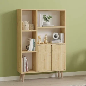 "Lumo" Houten Boekenkast met 2 Deuren – Beige, 80 x 24 x 120 cm, Modern Design, 6 Planken