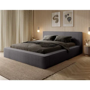 Bed met opbergruimte VELORA – Asgrijs gekruld – 180×200 cm – Zacht fluwelen stof – Opklapbare lattenbodem – Geïntegreerde opbergruimte