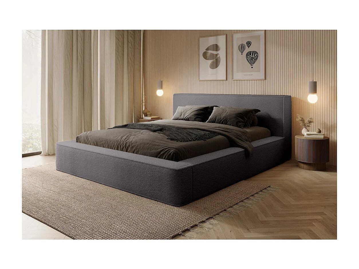 Bed met opbergruimte VELORA – Asgrijs gekruld – 180x200 cm – Zacht fluwelen stof – Opklapbare lattenbodem – Geïntegreerde opbergruimte