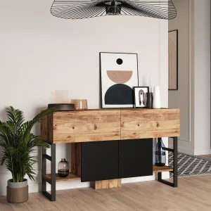 "Mel" Houten Buffet – Industriële Stijl – 140 x 43 x 84 cm – Beige – 4 Opbergruimtes